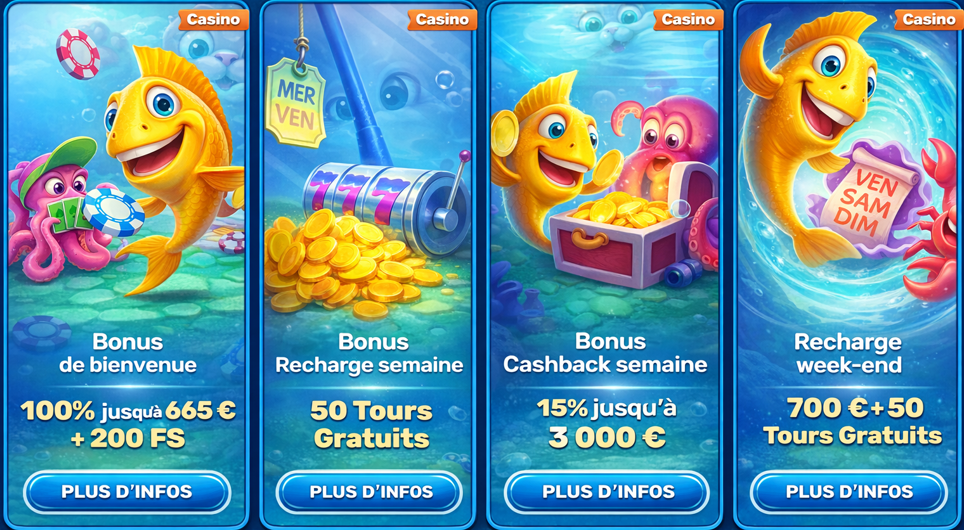 Cartoon yellow fish with a green turtle in a purple shell full of cash, coins, and reward cards, promoting