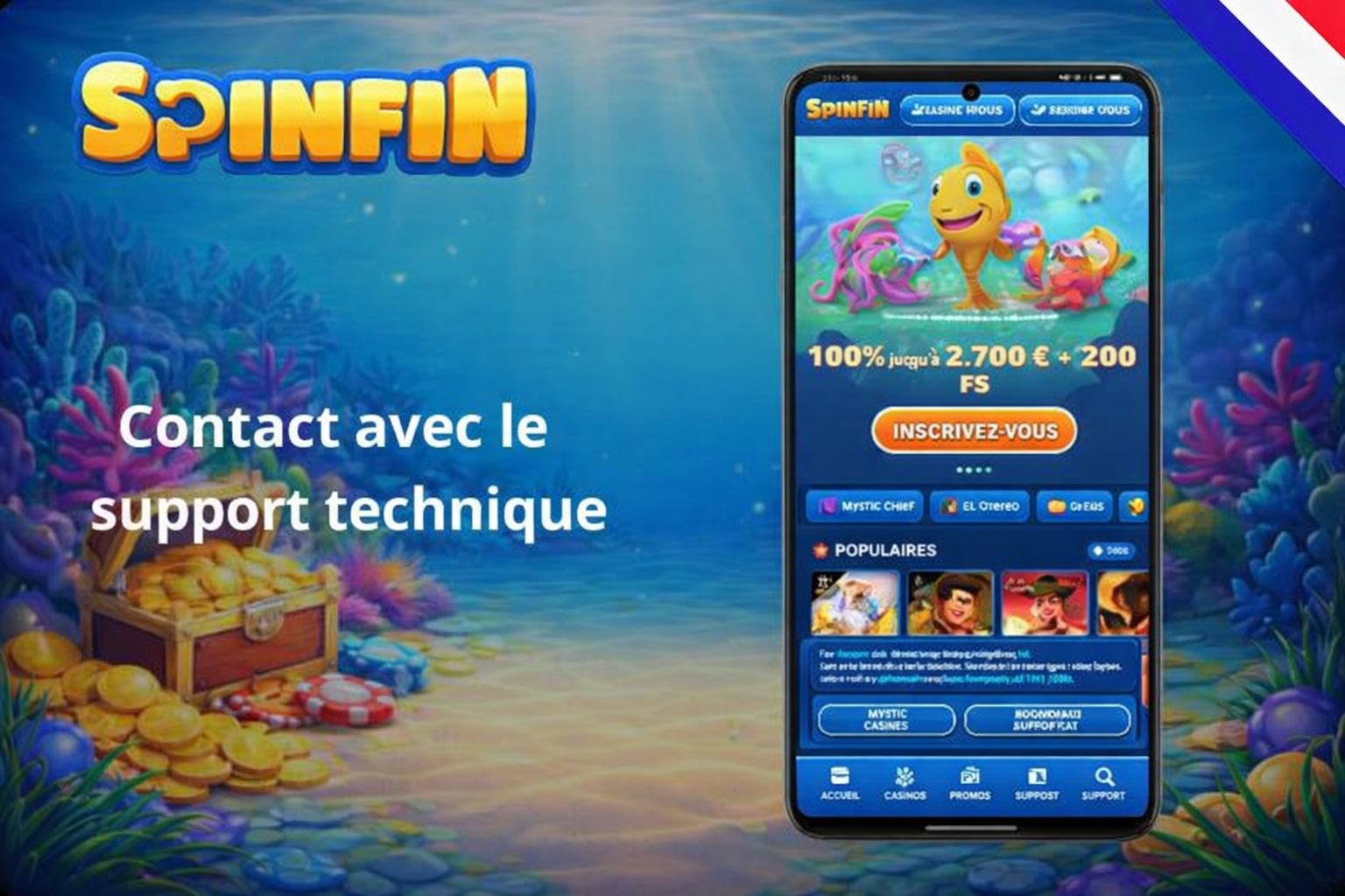 Smartphone displaying the SpinFin website, with game sections: Populaires (Popular), Top, and responsible gaming advice.
