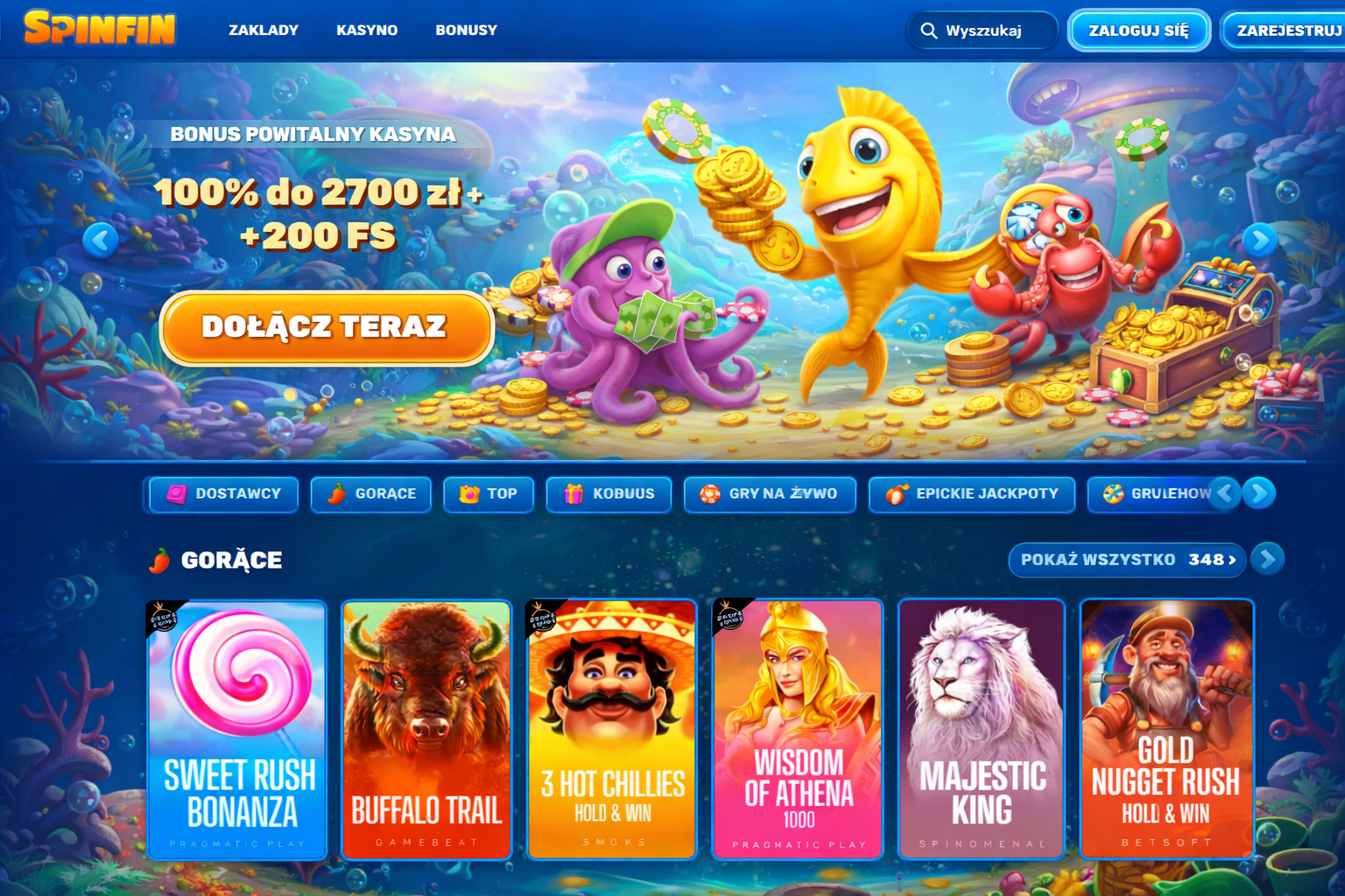 Underwater-themed online casino header featuring a cartoon octopus with playing cards, a fish carrying poker chips, and a crab holding coins.